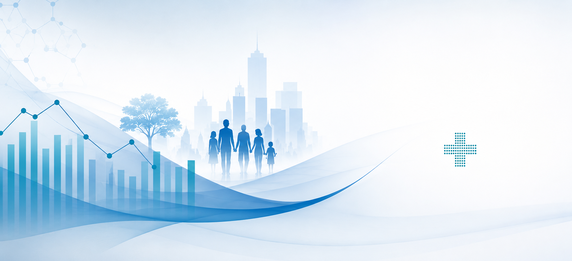 Illustrated public health banner: population data charts, a family, trees and a city skyline